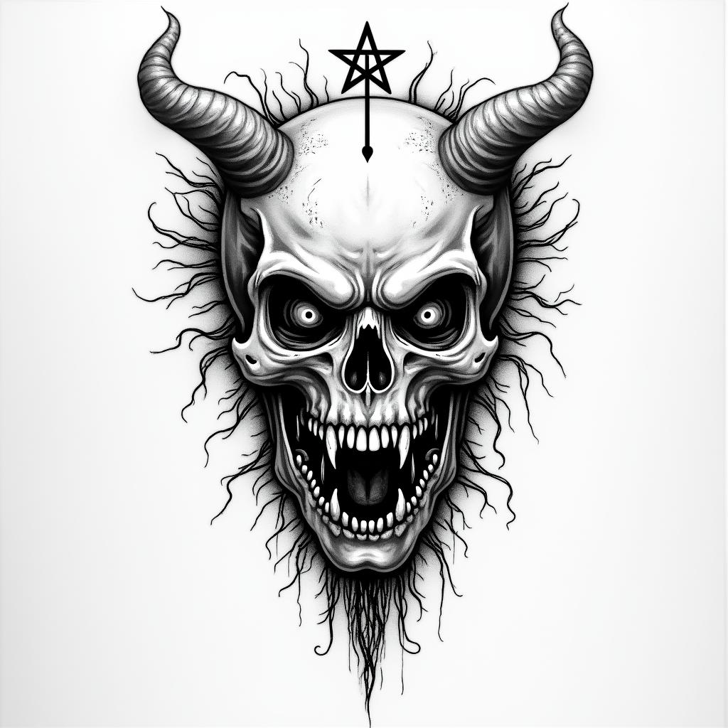 Tarotcreepy horror tattoo style, featuring an eerie and unsettling skull of a demonic creature, distorted face with sharp fangs, add pentagram symbol - Variation 2