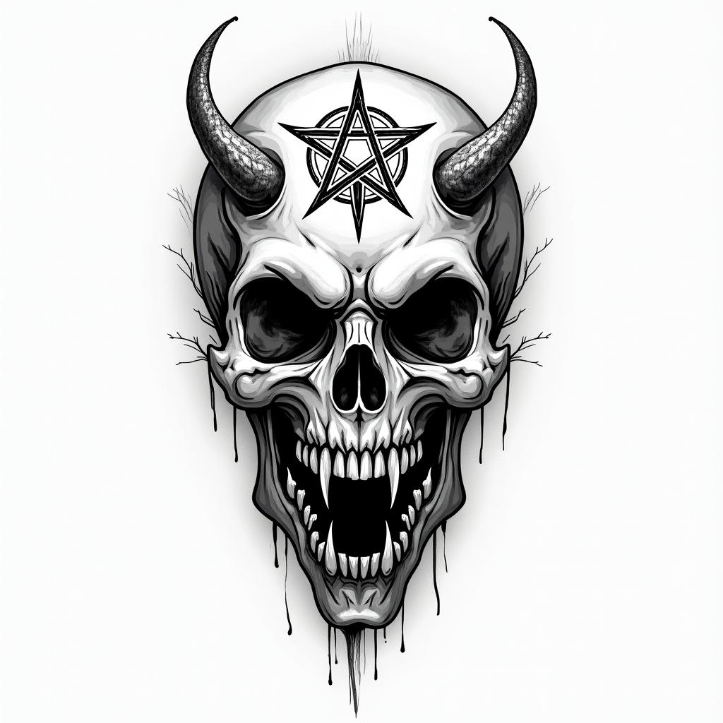 Tarotcreepy horror tattoo style, featuring an eerie and unsettling skull of a demonic creature, distorted face with sharp fangs, add pentagram symbol