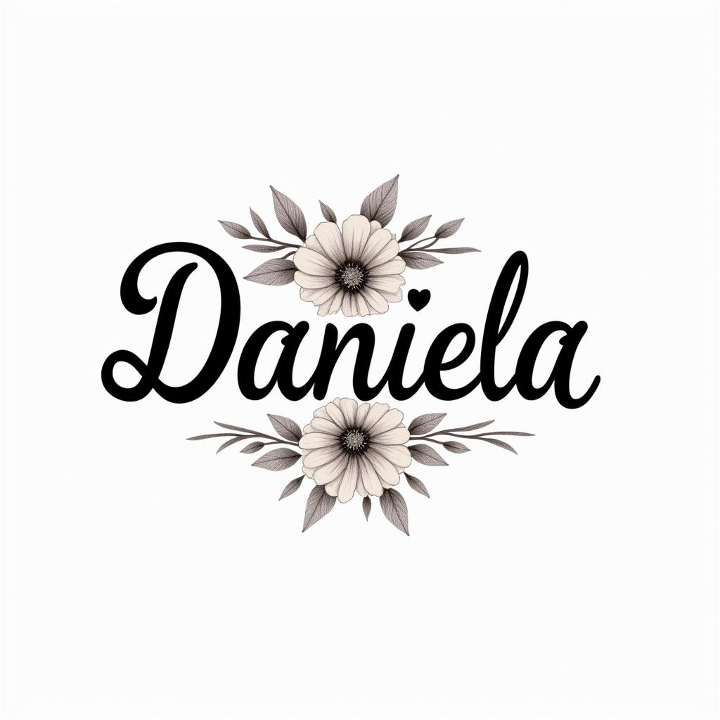 The name Daniela and a flowerin elegant cursive calligraphy style 2d tattoo, decorate with roses, featuring a smooth and flowing handwritten script with slightly thickened strokes for a luxurious and bold appearance, heart symbol between names, sleek and glossy black text with shadowing, minimalist matte white background, clean and sharp edges, illuminated with soft lighting, romantic, 8k, high-quality textures with refined typography - Variation 3