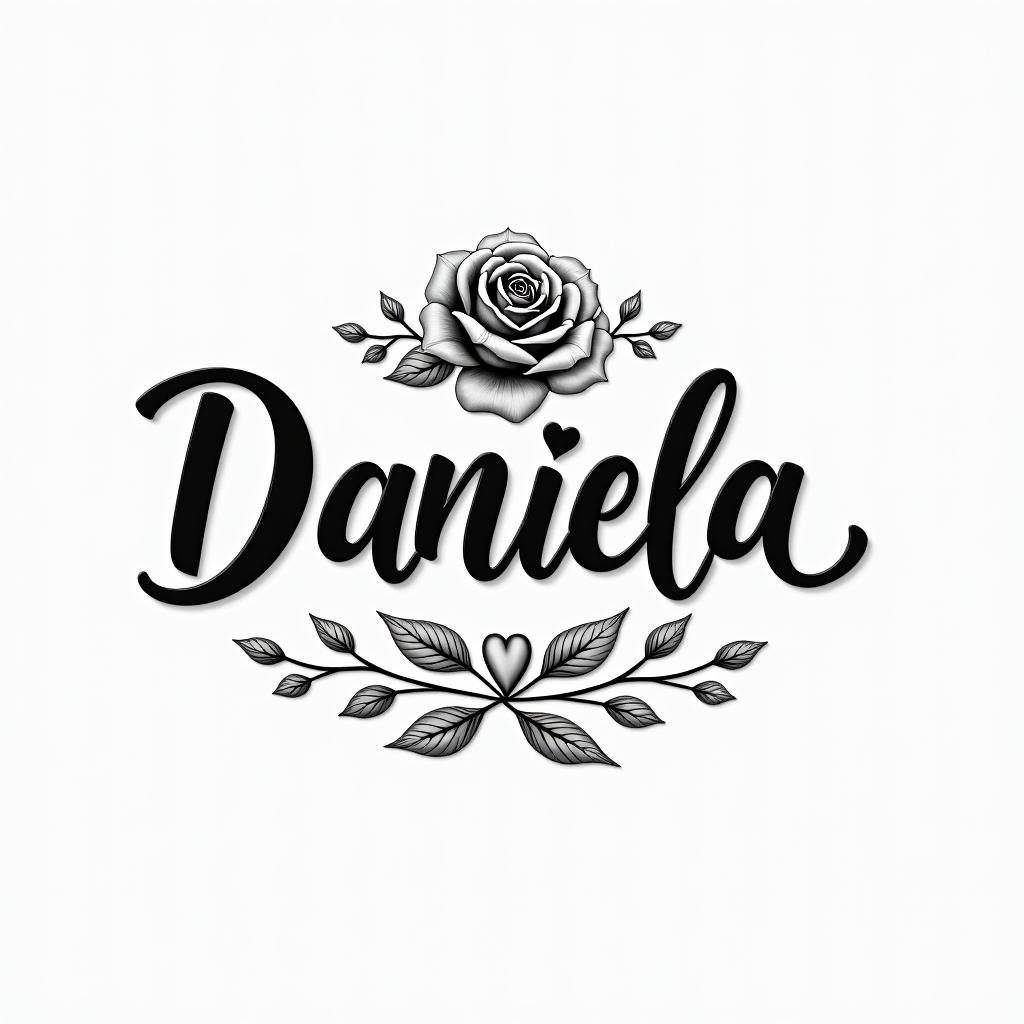 The name Daniela and a flowerin elegant cursive calligraphy style 2d tattoo, decorate with roses, featuring a smooth and flowing handwritten script with slightly thickened strokes for a luxurious and bold appearance, heart symbol between names, sleek and glossy black text with shadowing, minimalist matte white background, clean and sharp edges, illuminated with soft lighting, romantic, 8k, high-quality textures with refined typography - Variation 4