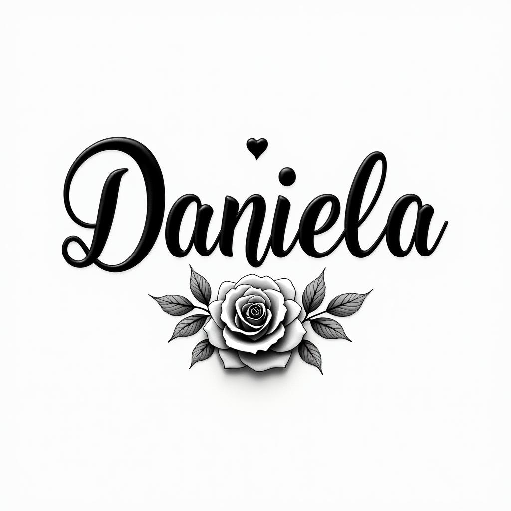 The name Daniela and a flowerin elegant cursive calligraphy style 2d tattoo, decorate with roses, featuring a smooth and flowing handwritten script with slightly thickened strokes for a luxurious and bold appearance, heart symbol between names, sleek and glossy black text with shadowing, minimalist matte white background, clean and sharp edges, illuminated with soft lighting, romantic, 8k, high-quality textures with refined typography