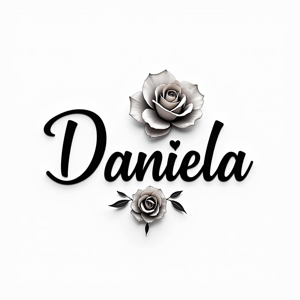 The name Daniela and a flowerin elegant cursive calligraphy style 2d tattoo, decorate with roses, featuring a smooth and flowing handwritten script with slightly thickened strokes for a luxurious and bold appearance, heart symbol between names, sleek and glossy black text with shadowing, minimalist matte white background, clean and sharp edges, illuminated with soft lighting, romantic, 8k, high-quality textures with refined typography - Variation 2