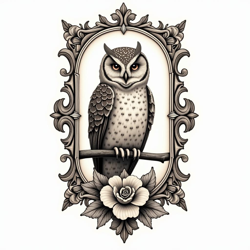 Little Owl Branchin victorian style tattoo, featuring vintage and elegant elements, ornate frames, roses, antique, sepia-toned color scheme