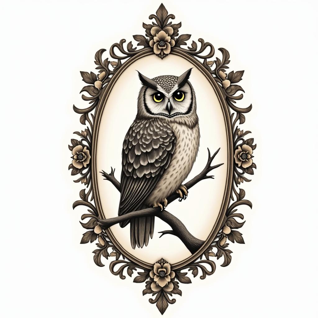 Little Owl Branchin victorian style tattoo, featuring vintage and elegant elements, ornate frames, roses, antique, sepia-toned color scheme - Variation 2