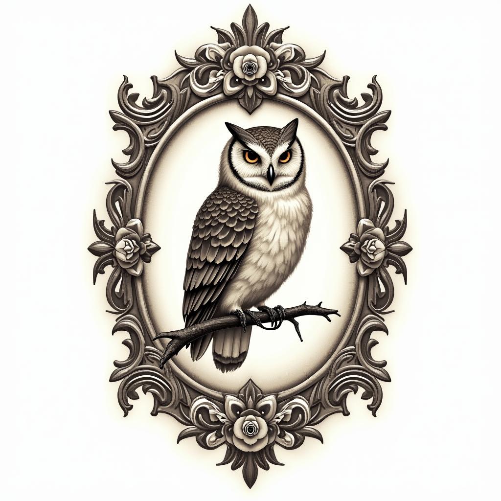 Little Owl Branchin victorian style tattoo, featuring vintage and elegant elements, ornate frames, roses, antique, sepia-toned color scheme - Variation 4