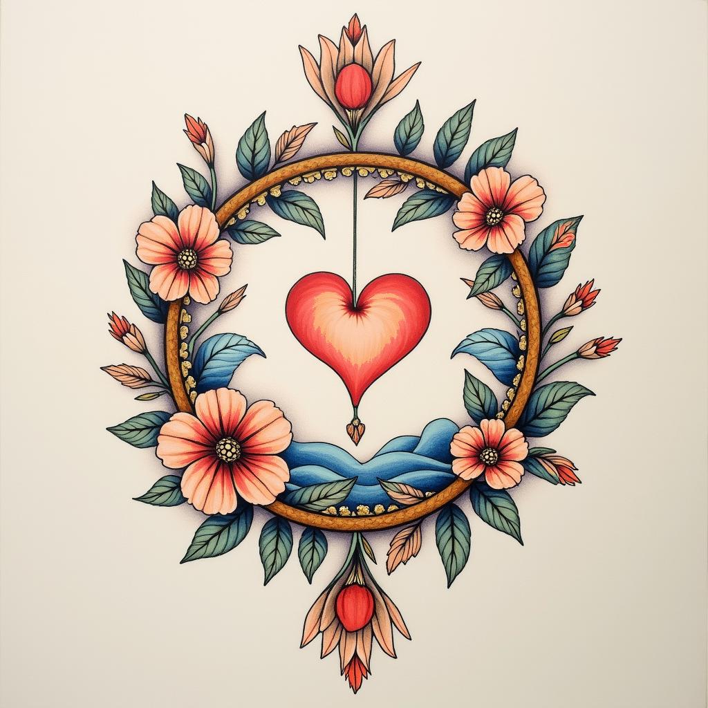 Rococo-style floral braceletin Modest style tattoo, featuring soft, delicate line work with simple and meaningful symbols, gentle waves, a heart, evoking a sense of serenity and grace, - Variation 2