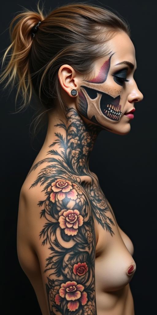 A path of Struggling with life and no support and got it all taking away. Playing tug of war Struggled with drugs and depression and gambling. Was in a car accident and got back surgery and a brain injury. Recieved a big settlement was able to get my family backcreepy horror tattoo style, featuring an eerie and unsettling skull of a demonic creature, distorted face with sharp fangs, add pentagram symbol - Variation 4