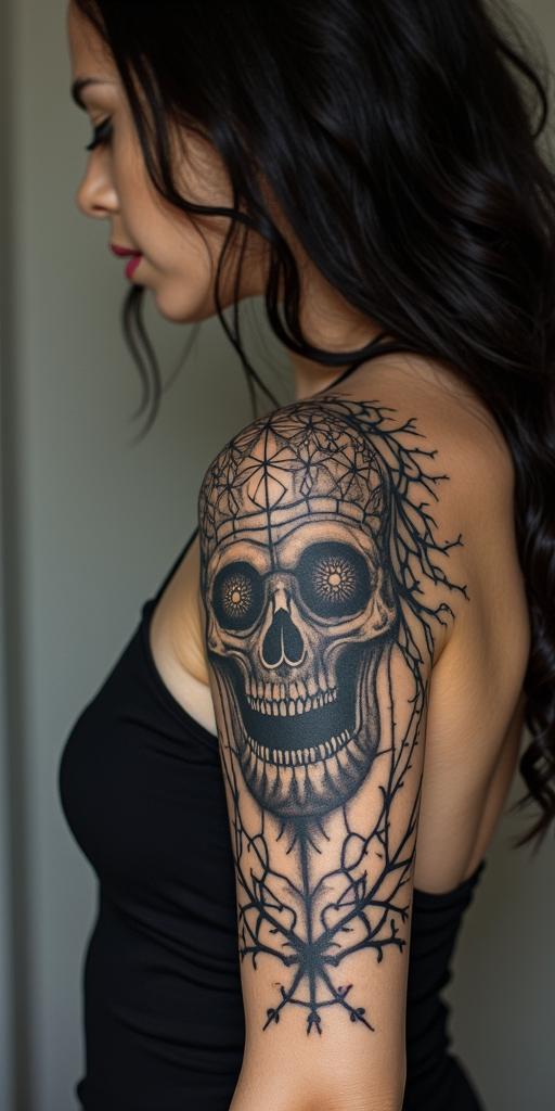 A path of Struggling with life and no support and got it all taking away. Playing tug of war Struggled with drugs and depression and gambling. Was in a car accident and got back surgery and a brain injury. Recieved a big settlement was able to get my family backcreepy horror tattoo style, featuring an eerie and unsettling skull of a demonic creature, distorted face with sharp fangs, add pentagram symbol