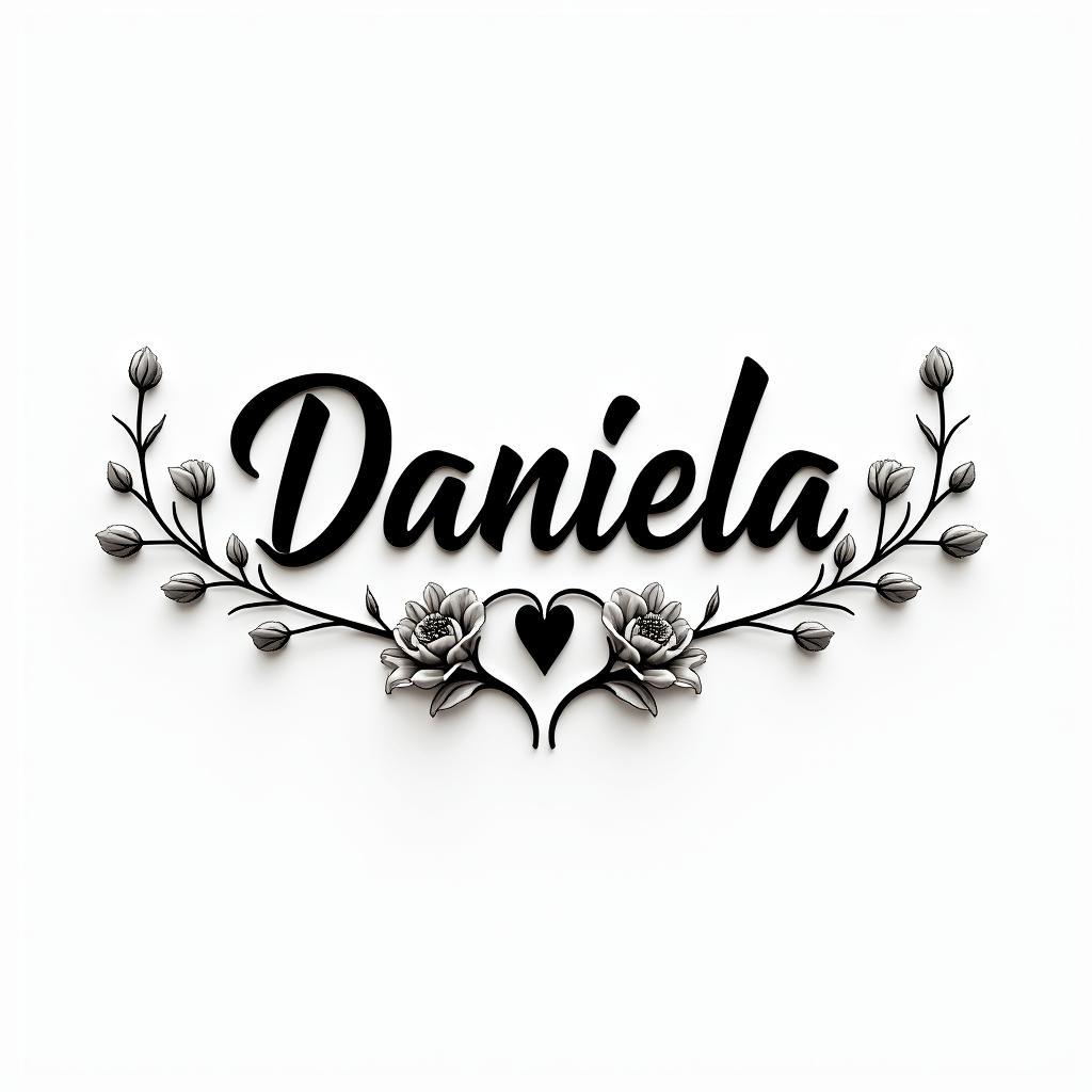 Name Daniela and a flower at the endin elegant cursive calligraphy style 2d tattoo, decorate with roses, featuring a smooth and flowing handwritten script with slightly thickened strokes for a luxurious and bold appearance, heart symbol between names, sleek and glossy black text with shadowing, minimalist matte white background, clean and sharp edges, illuminated with soft lighting, romantic, 8k, high-quality textures with refined typography - Variation 8