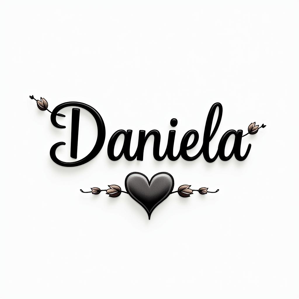 Name Daniela and a flower at the endin elegant cursive calligraphy style 2d tattoo, decorate with roses, featuring a smooth and flowing handwritten script with slightly thickened strokes for a luxurious and bold appearance, heart symbol between names, sleek and glossy black text with shadowing, minimalist matte white background, clean and sharp edges, illuminated with soft lighting, romantic, 8k, high-quality textures with refined typography - Variation 5