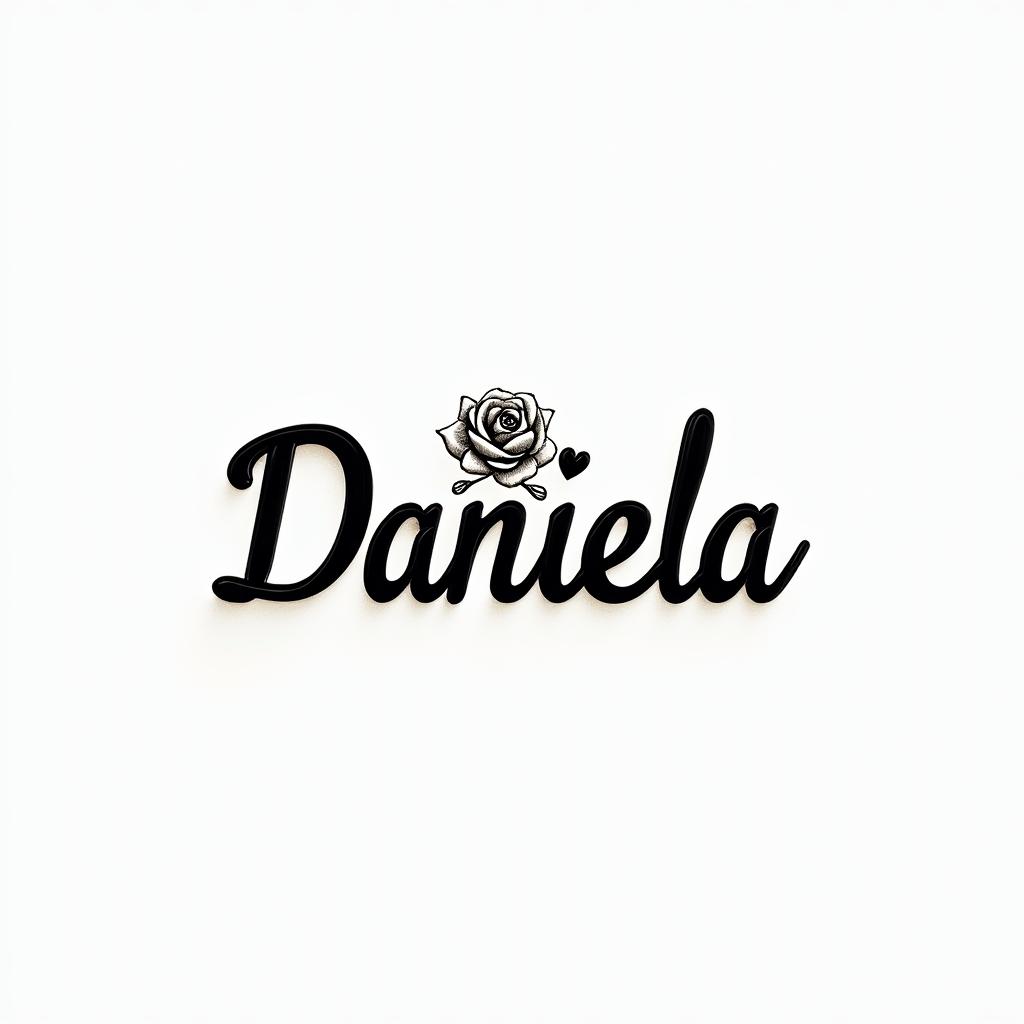 Name Daniela and a flower at the endin elegant cursive calligraphy style 2d tattoo, decorate with roses, featuring a smooth and flowing handwritten script with slightly thickened strokes for a luxurious and bold appearance, heart symbol between names, sleek and glossy black text with shadowing, minimalist matte white background, clean and sharp edges, illuminated with soft lighting, romantic, 8k, high-quality textures with refined typography - Variation 6