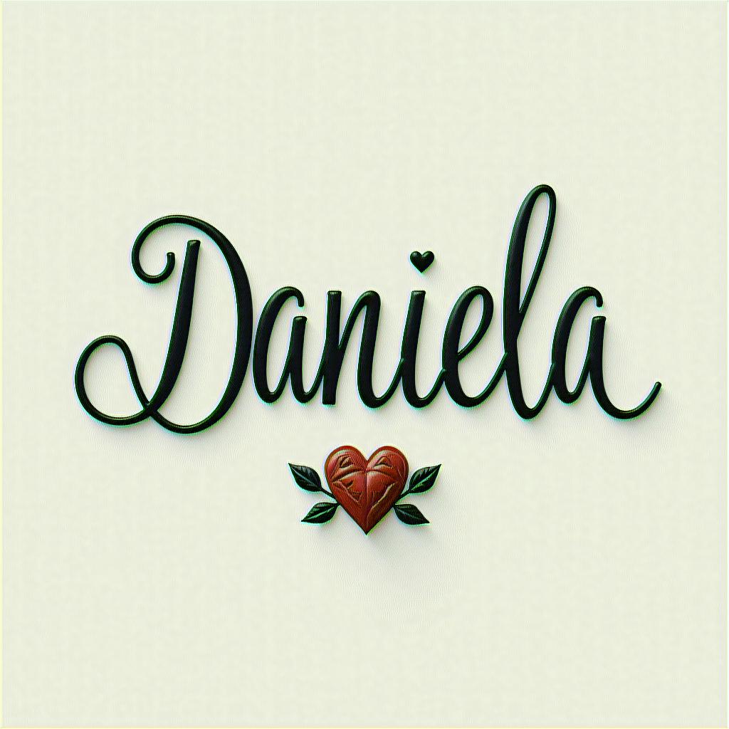 Name Daniela and a flower at the endin elegant cursive calligraphy style 2d tattoo, decorate with roses, featuring a smooth and flowing handwritten script with slightly thickened strokes for a luxurious and bold appearance, heart symbol between names, sleek and glossy black text with shadowing, minimalist matte white background, clean and sharp edges, illuminated with soft lighting, romantic, 8k, high-quality textures with refined typography - Variation 7