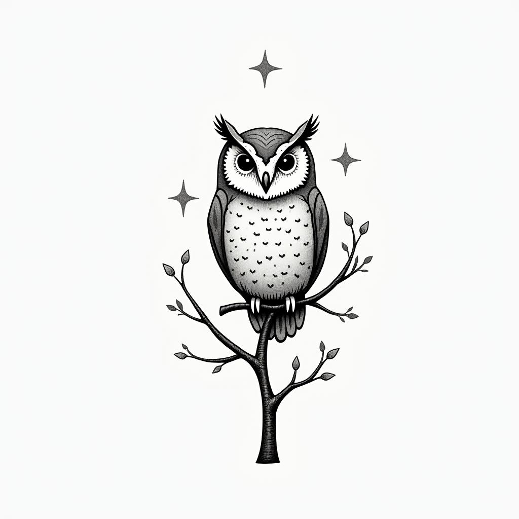 Little Owl Branchin minimalist style tattoo, featuring simple shapes and fine lines, with minimal shading and details, tiny triangles, creating a sense of balance and harmony - Variation 4