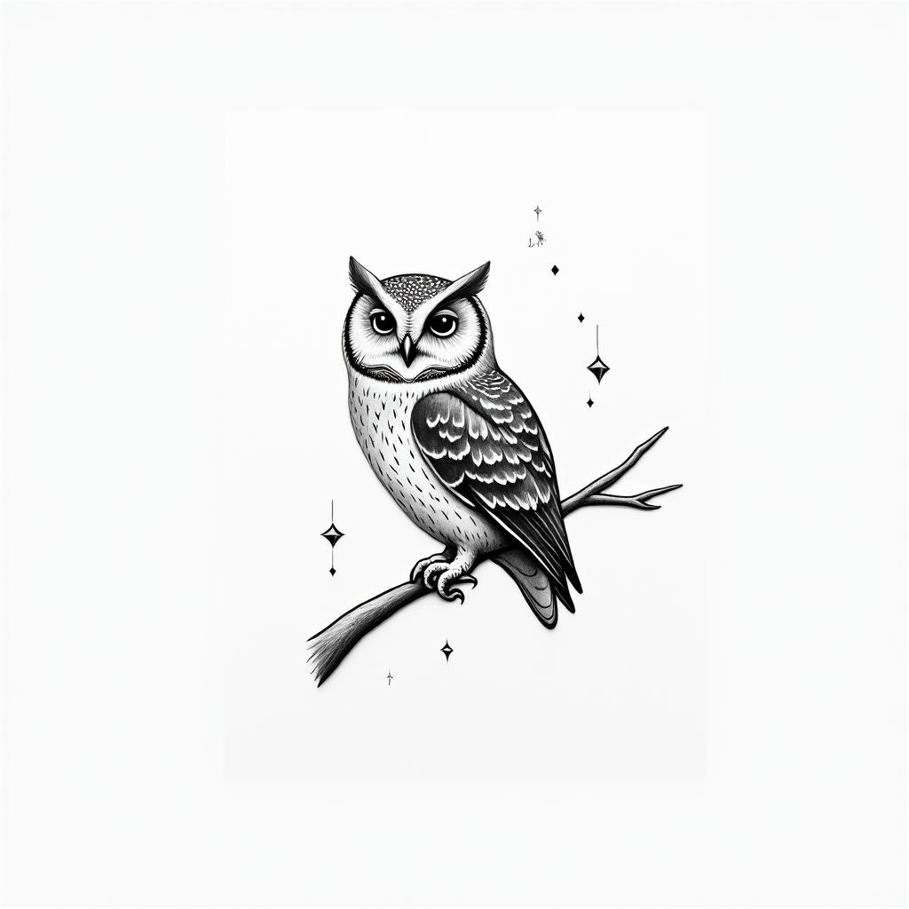 Little Owl Branchin minimalist style tattoo, featuring simple shapes and fine lines, with minimal shading and details, tiny triangles, creating a sense of balance and harmony