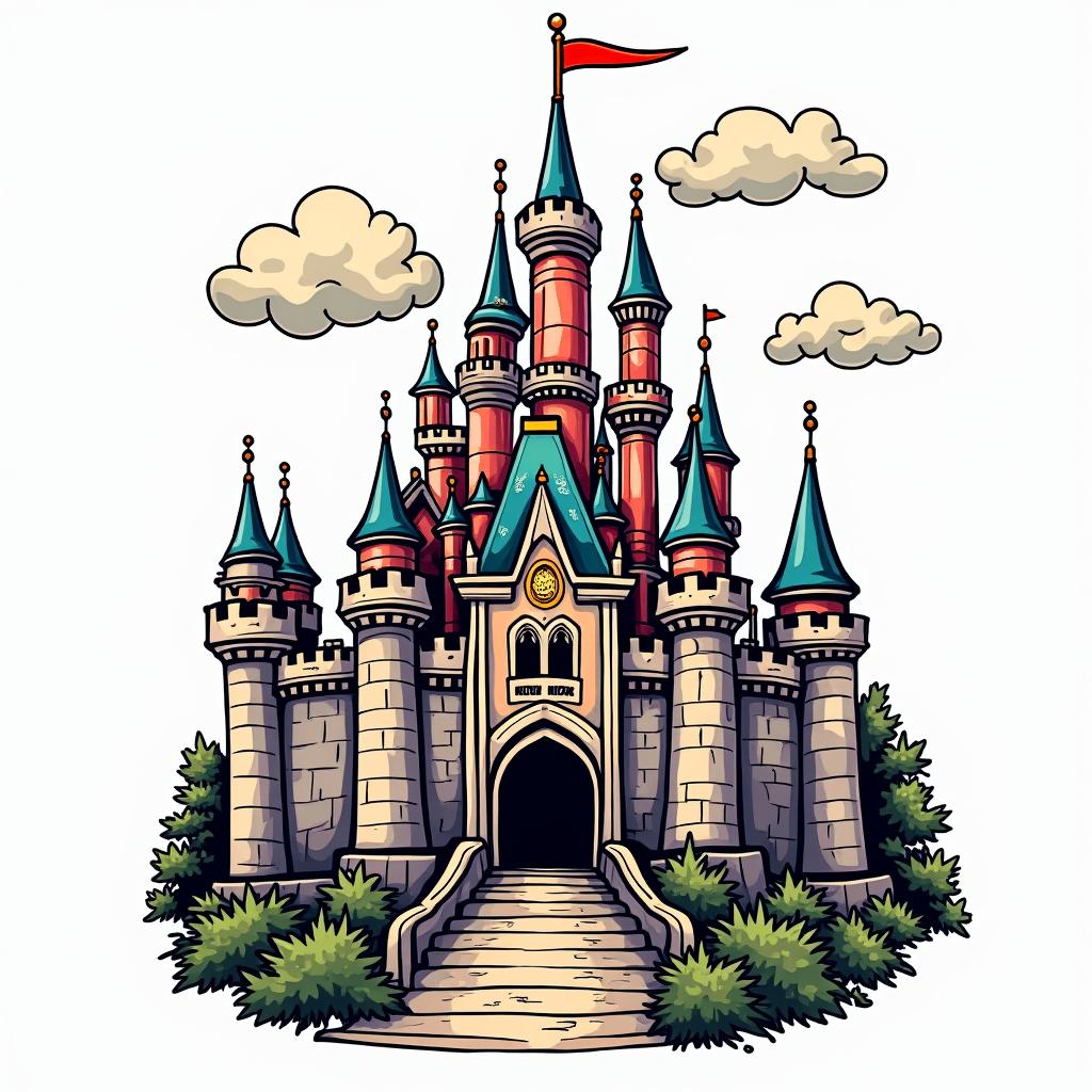 Cinderella castlein pop art style tattoo, featuring bold and vibrant colors, exaggerated outlines, iconic imagery, inspired by comic books and speech bubbles, comic book characters, retro pop culture