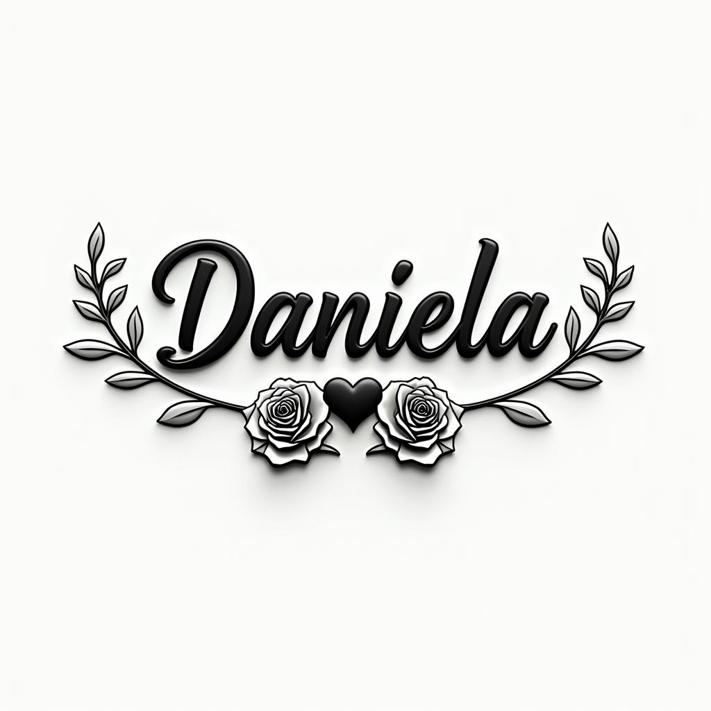 Name Daniela and a flower at the endin elegant cursive calligraphy style 2d tattoo, decorate with roses, featuring a smooth and flowing handwritten script with slightly thickened strokes for a luxurious and bold appearance, heart symbol between names, sleek and glossy black text with shadowing, minimalist matte white background, clean and sharp edges, illuminated with soft lighting, romantic, 8k, high-quality textures with refined typography - Variation 3