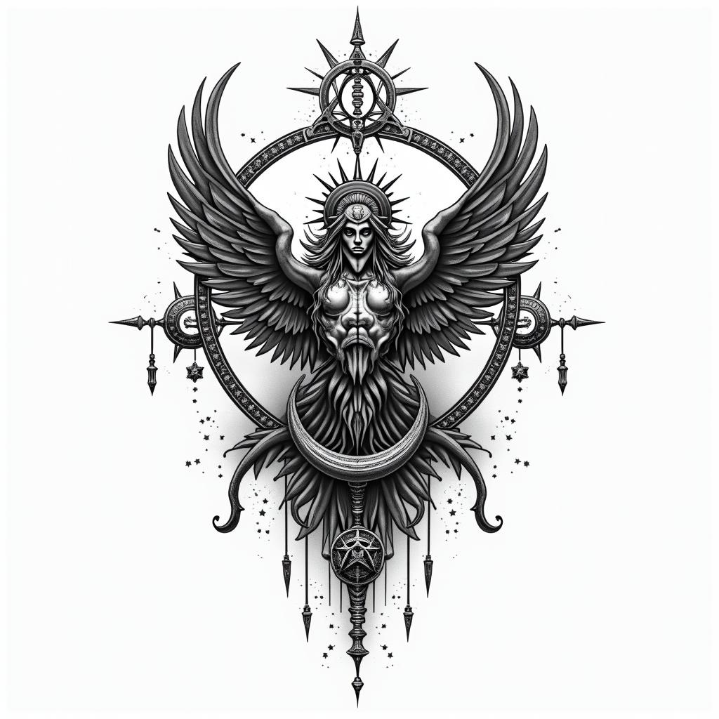 Marioin paganic style tattoo, featuring ancient symbols, add vegvisir symbol, mystical figures, incorporating designs, pentagrams, runes, crescent moons, - Variation 4