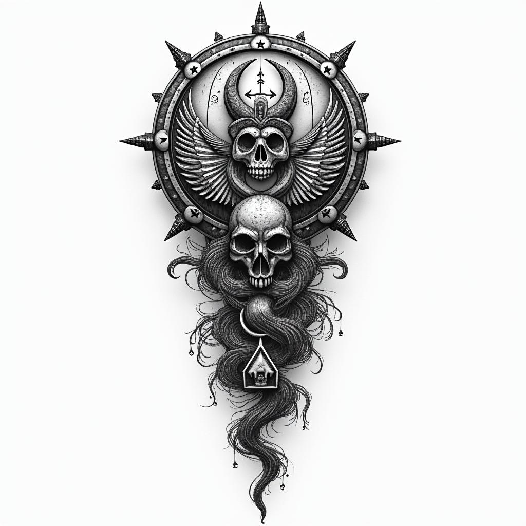 Marioin paganic style tattoo, featuring ancient symbols, add vegvisir symbol, mystical figures, incorporating designs, pentagrams, runes, crescent moons, - Variation 2