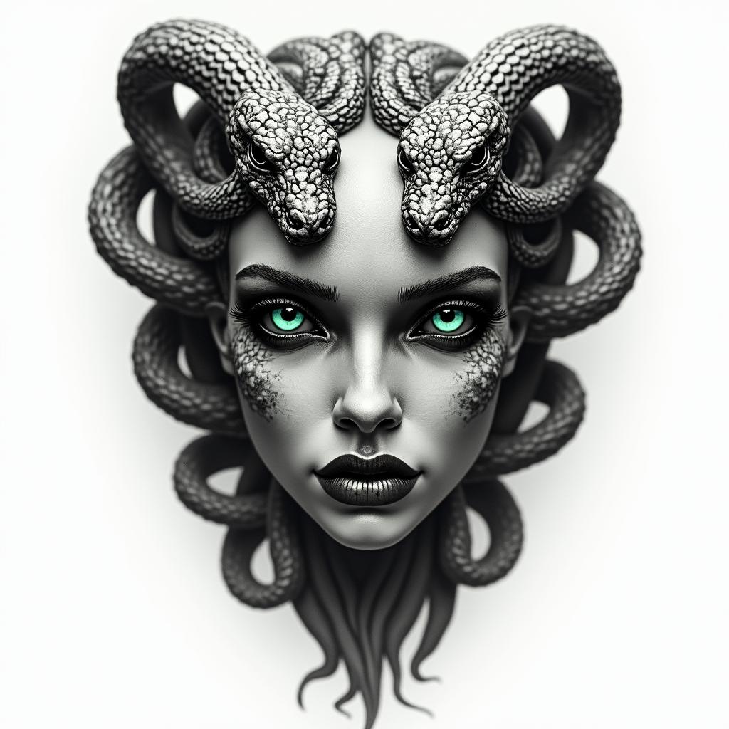 Black and gray Medusa head tattoo with green eyes, snakes should have green eyes too, seductive look, full lips, stone like appearancein realism tattoo style, featuring a highly detailed, lifelike, capturing every detail, photorealistic, ultra realistic, intricate shading, smooth and sharp, - Variation 2