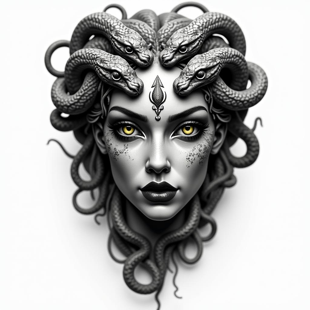 Black and gray Medusa head tattoo with green eyes, snakes should have green eyes too, seductive look, full lips, stone like appearancein realism tattoo style, featuring a highly detailed, lifelike, capturing every detail, photorealistic, ultra realistic, intricate shading, smooth and sharp, - Variation 4