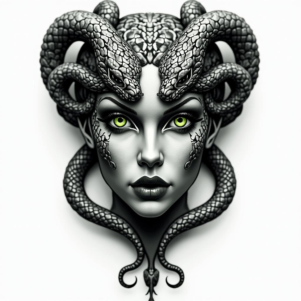 Black and gray Medusa head tattoo with green eyes, snakes should have green eyes too, seductive look, full lips, stone like appearancein realism tattoo style, featuring a highly detailed, lifelike, capturing every detail, photorealistic, ultra realistic, intricate shading, smooth and sharp,