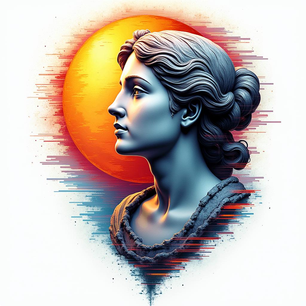 Sun and moon intertwined, glowingin distorted and fragmented tattoo design, featuring a classical statue bust, in a glitch art style with vibrant, overlapping colors of cyan, magenta, and yellow, creating a digital distortion effect - Variation 8