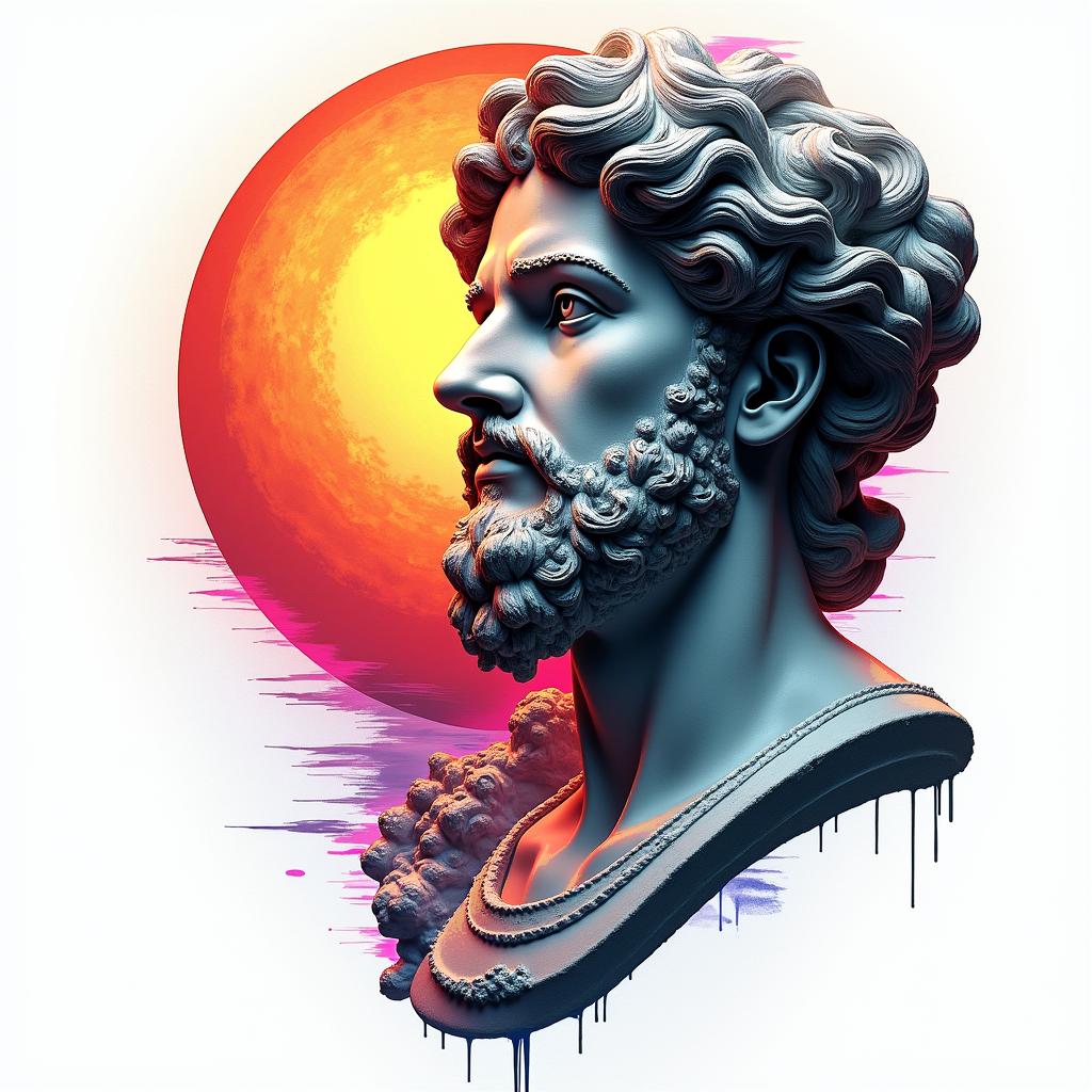 Sun and moon intertwined, glowingin distorted and fragmented tattoo design, featuring a classical statue bust, in a glitch art style with vibrant, overlapping colors of cyan, magenta, and yellow, creating a digital distortion effect - Variation 7