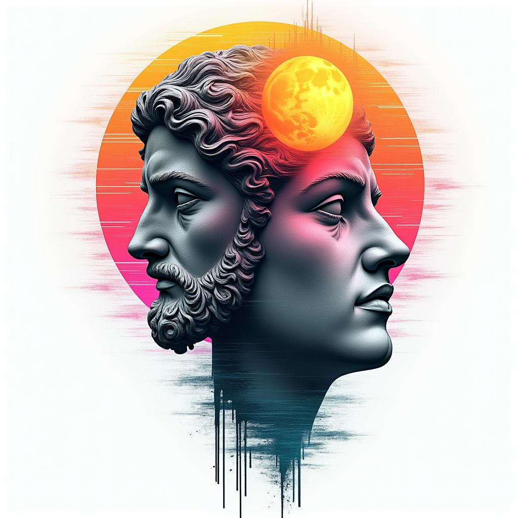 Sun and moon intertwined, glowingin distorted and fragmented tattoo design, featuring a classical statue bust, in a glitch art style with vibrant, overlapping colors of cyan, magenta, and yellow, creating a digital distortion effect - Variation 6