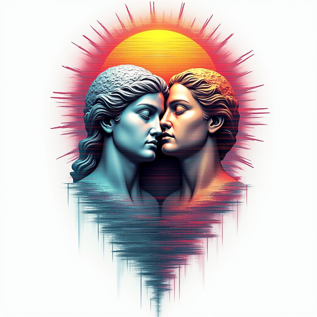 Sun and moon intertwined, glowingin distorted and fragmented tattoo design, featuring a classical statue bust, in a glitch art style with vibrant, overlapping colors of cyan, magenta, and yellow, creating a digital distortion effect - Variation 5
