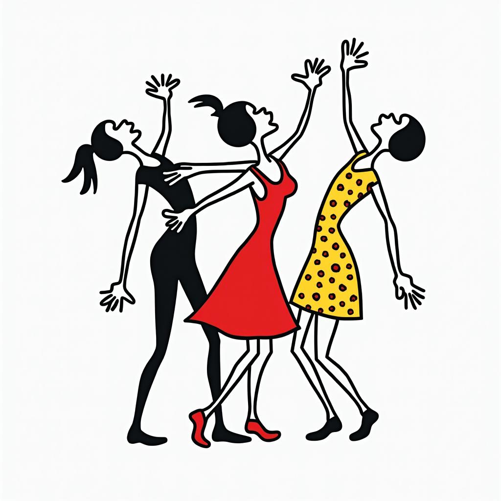 Disneyabstract dancing figures in Keith Haring style, featuring bold black outlines and solid color fills, figures posed in dynamic and playful dance movements, minimalist design - Variation 3