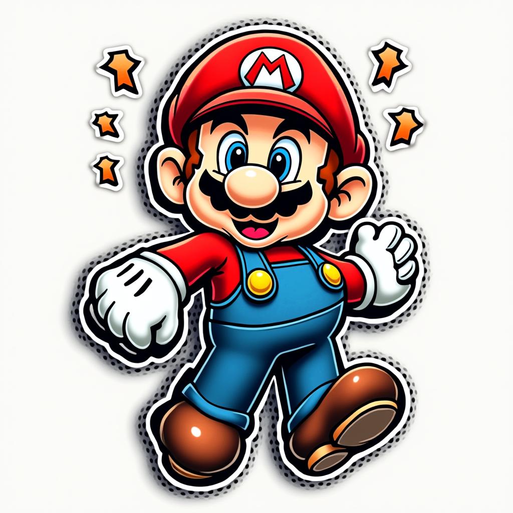 Marioin pop art style tattoo, featuring bold and vibrant colors, exaggerated outlines, iconic imagery, inspired by comic books and speech bubbles, comic book characters, retro pop culture