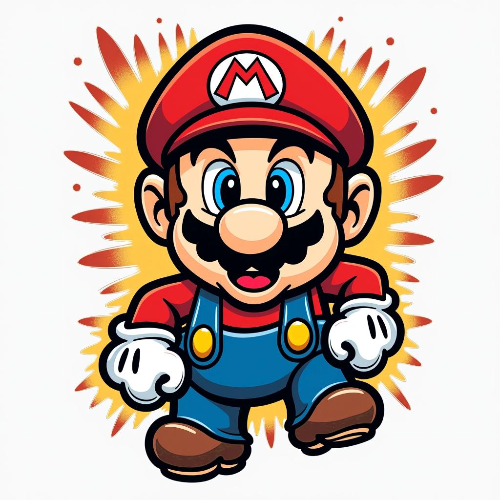 Marioin pop art style tattoo, featuring bold and vibrant colors, exaggerated outlines, iconic imagery, inspired by comic books and speech bubbles, comic book characters, retro pop culture - Variation 3