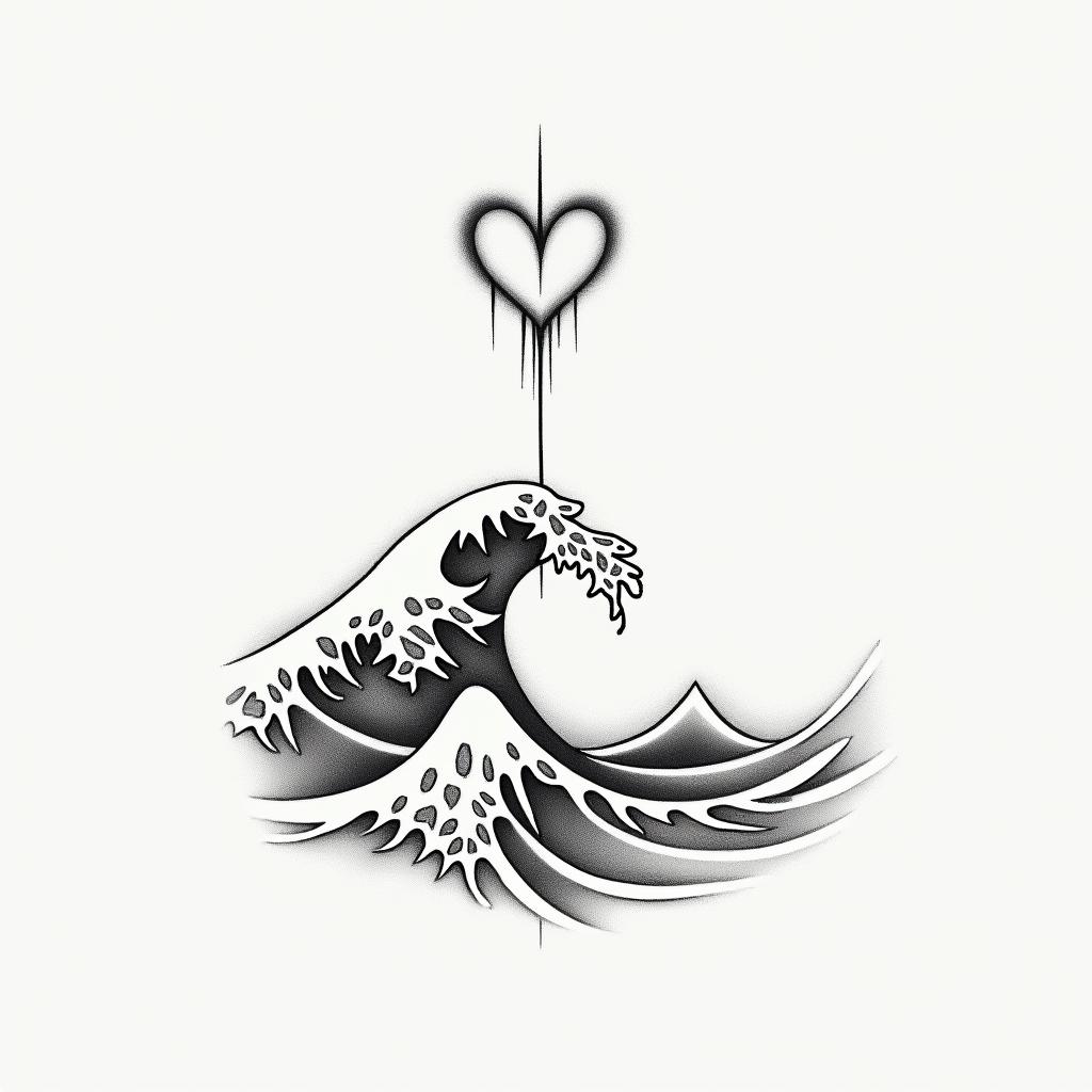 My past lifein Modest style tattoo, featuring soft, delicate line work with simple and meaningful symbols, gentle waves, a heart, evoking a sense of serenity and grace, - Variation 2