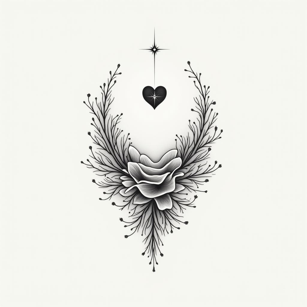 My past lifein Modest style tattoo, featuring soft, delicate line work with simple and meaningful symbols, gentle waves, a heart, evoking a sense of serenity and grace, - Variation 3