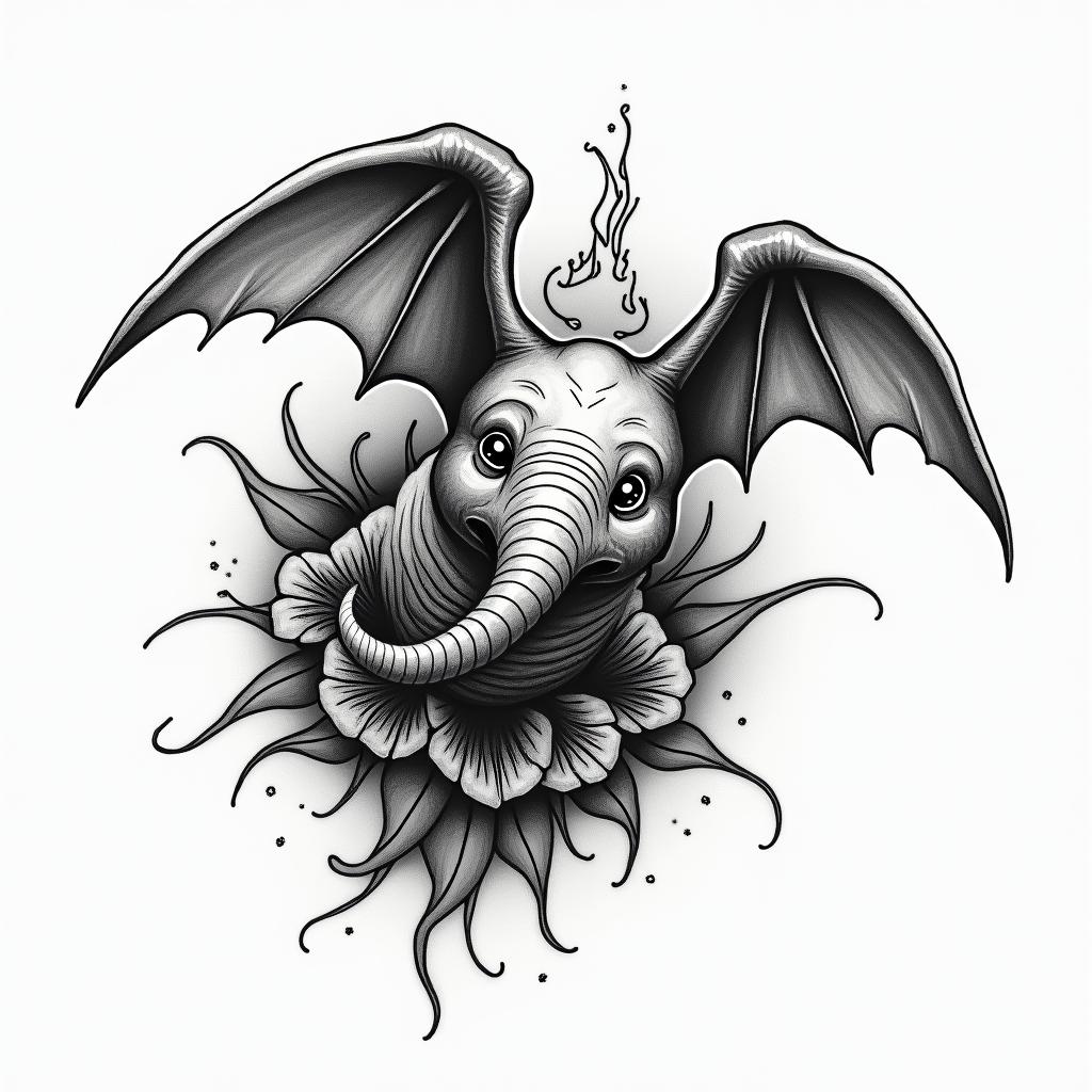 Dumboin authentic tattoo style, incorporating traditional modifications, bold black outlines, solid color fills, featuring classic authentic elements