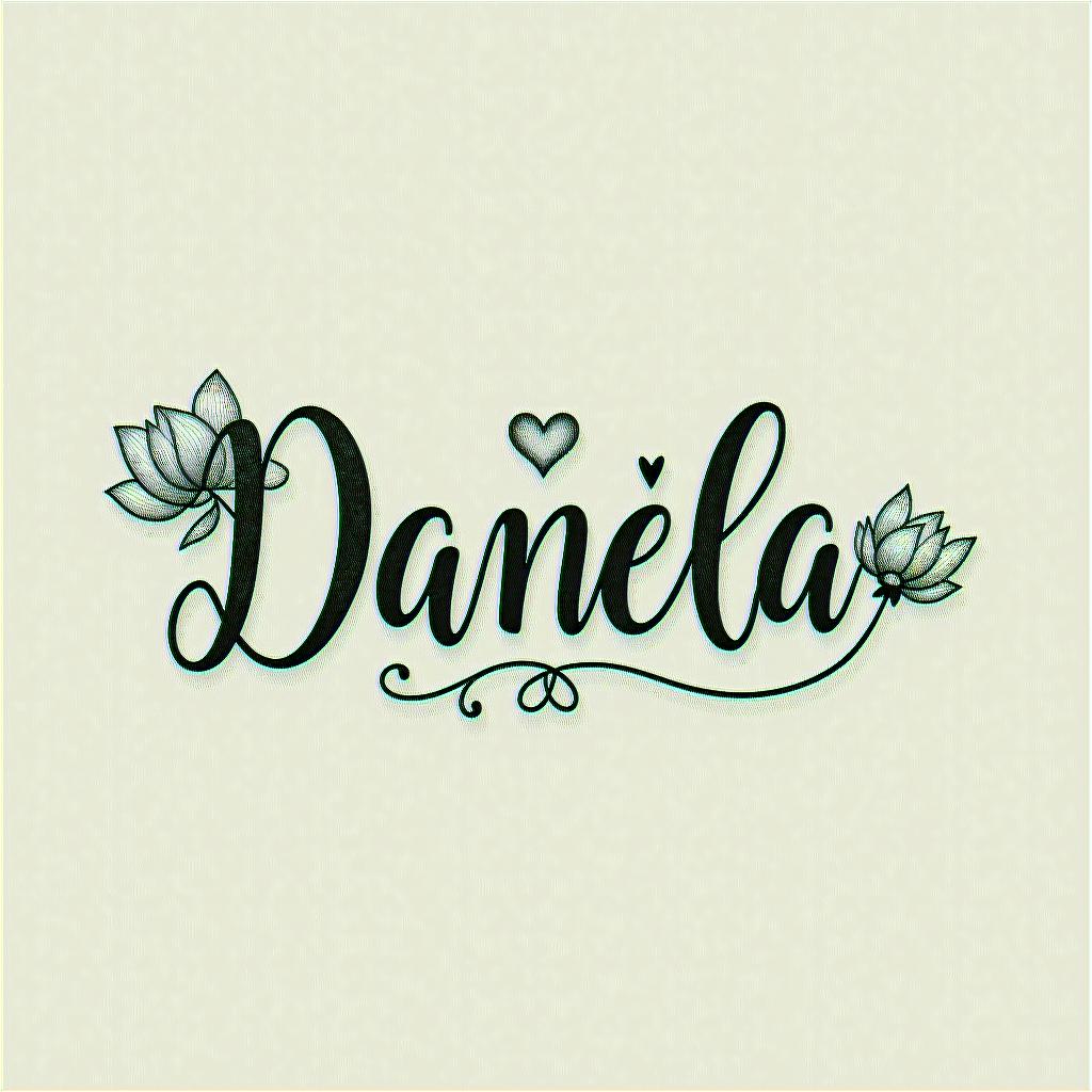 Name Daniela and a lotus flower at the end.in elegant cursive calligraphy style 2d tattoo, decorate with roses, featuring a smooth and flowing handwritten script with slightly thickened strokes for a luxurious and bold appearance, heart symbol between names, sleek and glossy black text with shadowing, minimalist matte white background, clean and sharp edges, illuminated with soft lighting, romantic, 8k, high-quality textures with refined typography - Variation 8