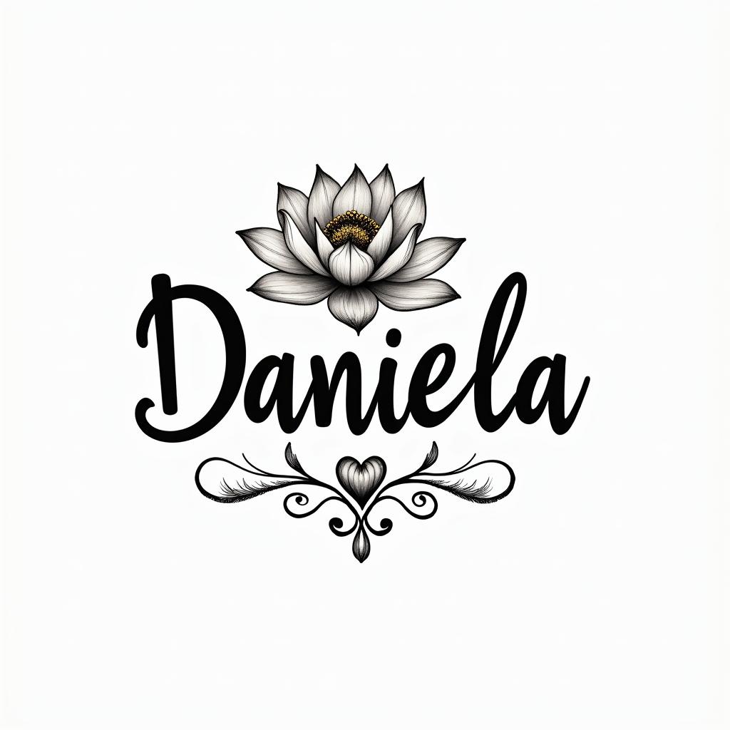 Name Daniela and a lotus flower at the end.in elegant cursive calligraphy style 2d tattoo, decorate with roses, featuring a smooth and flowing handwritten script with slightly thickened strokes for a luxurious and bold appearance, heart symbol between names, sleek and glossy black text with shadowing, minimalist matte white background, clean and sharp edges, illuminated with soft lighting, romantic, 8k, high-quality textures with refined typography - Variation 6