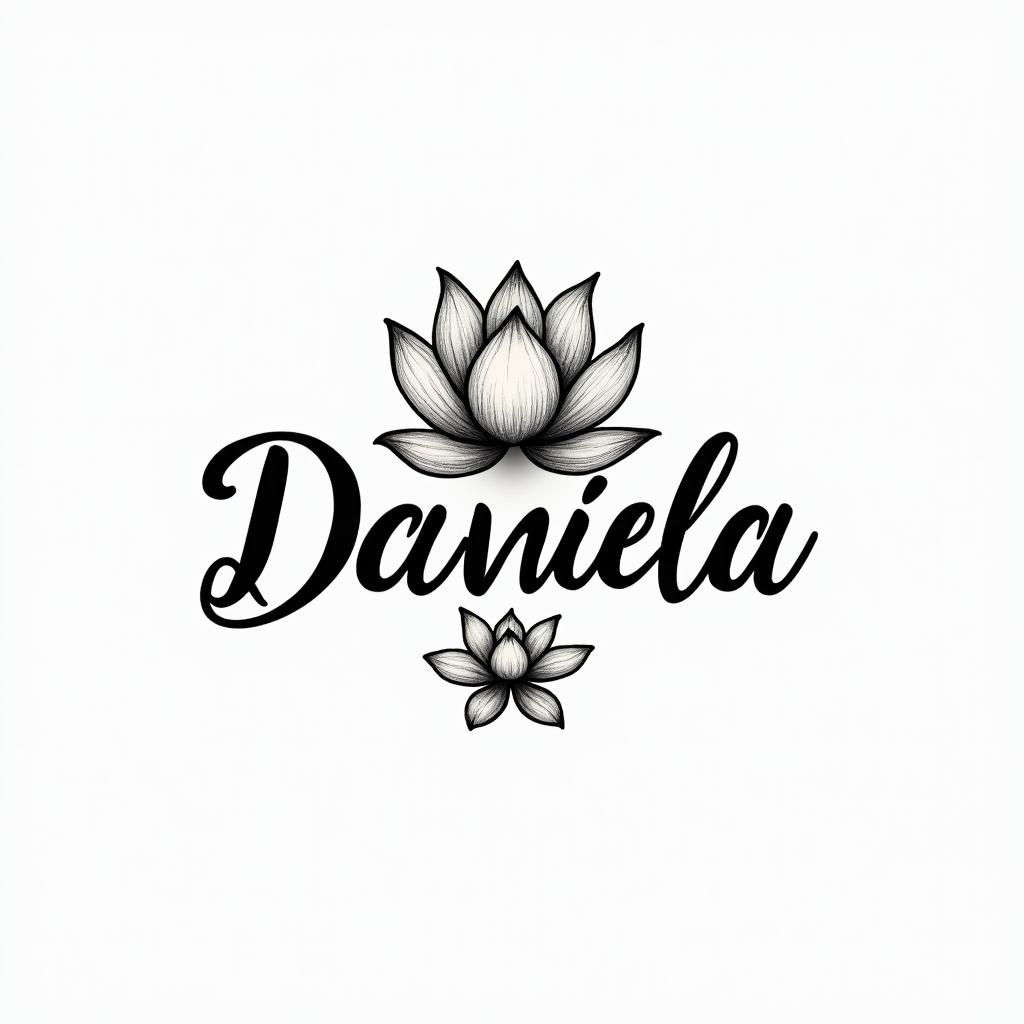 Name Daniela and a lotus flower at the end.in elegant cursive calligraphy style 2d tattoo, decorate with roses, featuring a smooth and flowing handwritten script with slightly thickened strokes for a luxurious and bold appearance, heart symbol between names, sleek and glossy black text with shadowing, minimalist matte white background, clean and sharp edges, illuminated with soft lighting, romantic, 8k, high-quality textures with refined typography - Variation 5