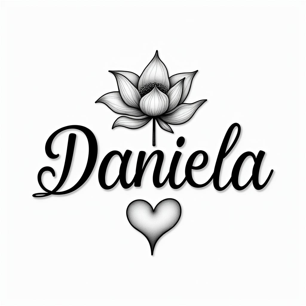 Name Daniela and a lotus flower at the end.in elegant cursive calligraphy style 2d tattoo, decorate with roses, featuring a smooth and flowing handwritten script with slightly thickened strokes for a luxurious and bold appearance, heart symbol between names, sleek and glossy black text with shadowing, minimalist matte white background, clean and sharp edges, illuminated with soft lighting, romantic, 8k, high-quality textures with refined typography - Variation 7