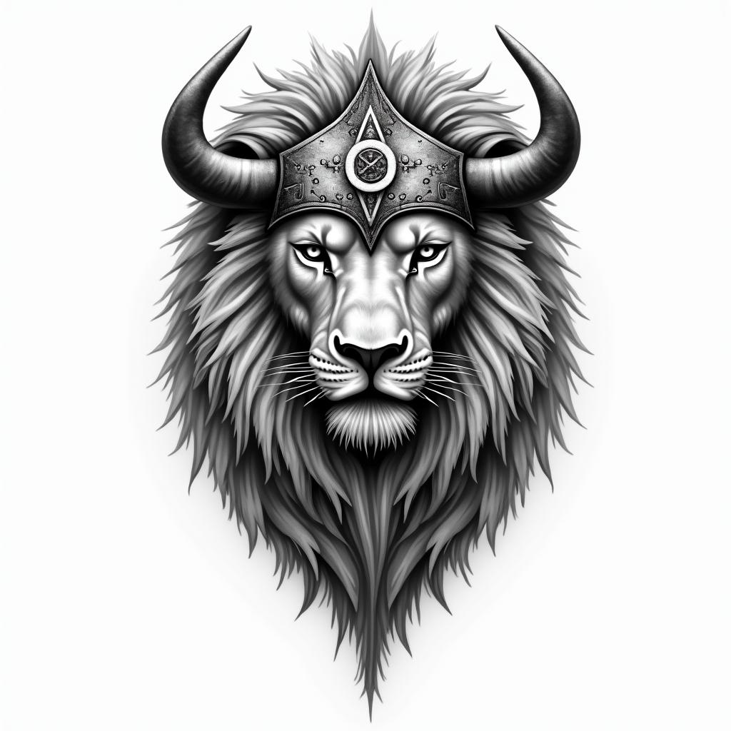 Realistic lions head with viking helmetin paganic style tattoo, featuring ancient symbols, add vegvisir symbol, mystical figures, incorporating designs, pentagrams, runes, crescent moons, - Variation 2