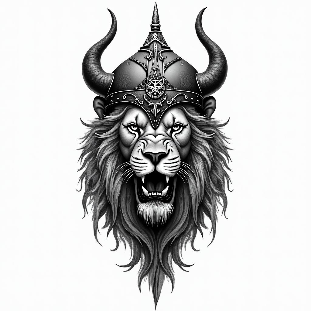 Realistic lions head with viking helmetin paganic style tattoo, featuring ancient symbols, add vegvisir symbol, mystical figures, incorporating designs, pentagrams, runes, crescent moons, - Variation 3