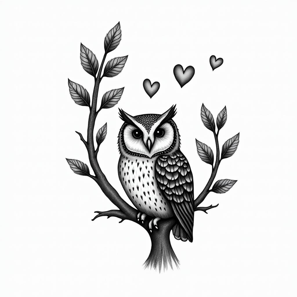 Owl small branch friendly heartsin bohemian style tattoo, 8k