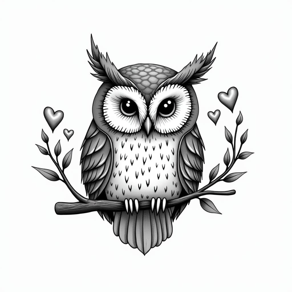Owl small branch friendly heartsin bohemian style tattoo, 8k - Variation 4