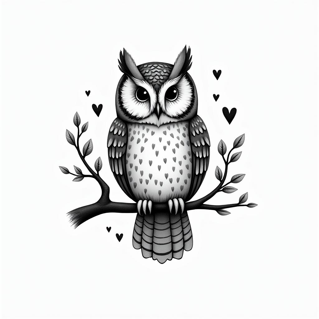 Owl small branch friendly heartsin bohemian style tattoo, 8k - Variation 3