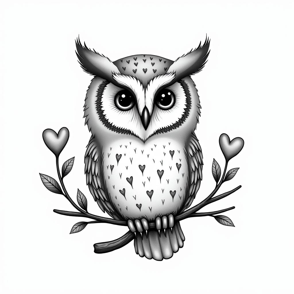Owl small branch friendly heartsin new school tattoo, pop culture, modern, detailed tattoo, illustrative - Variation 2