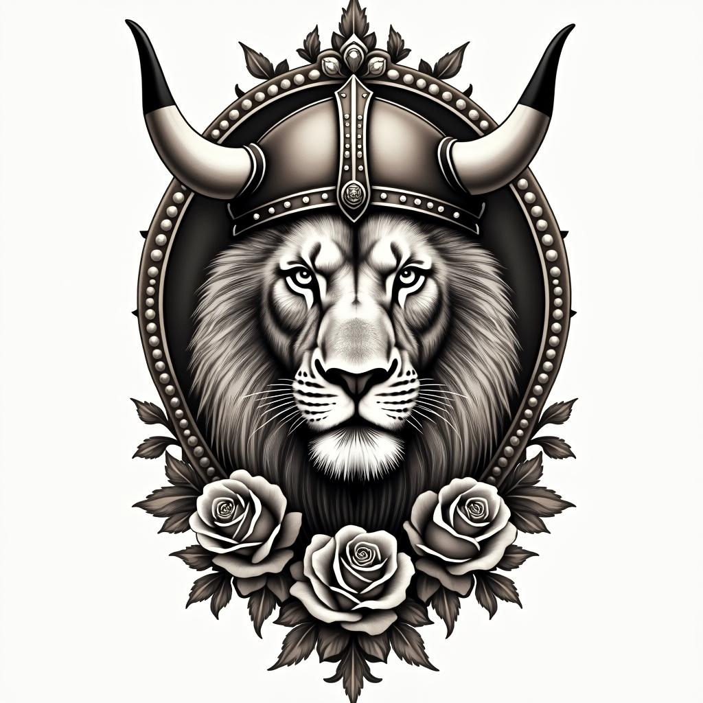 Realistic lions head with viking helmetin victorian style tattoo, featuring vintage and elegant elements, ornate frames, roses, antique, sepia-toned color scheme - Variation 2