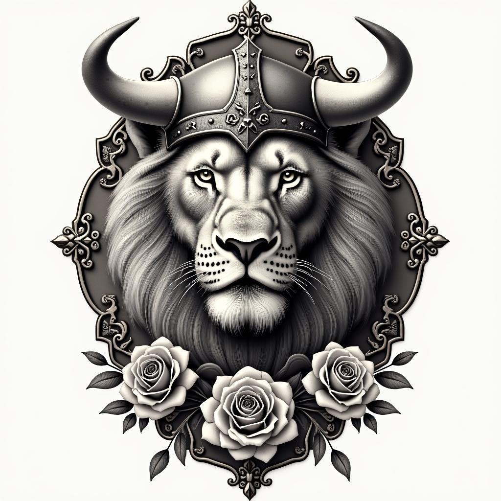 Realistic lions head with viking helmetin victorian style tattoo, featuring vintage and elegant elements, ornate frames, roses, antique, sepia-toned color scheme - Variation 3