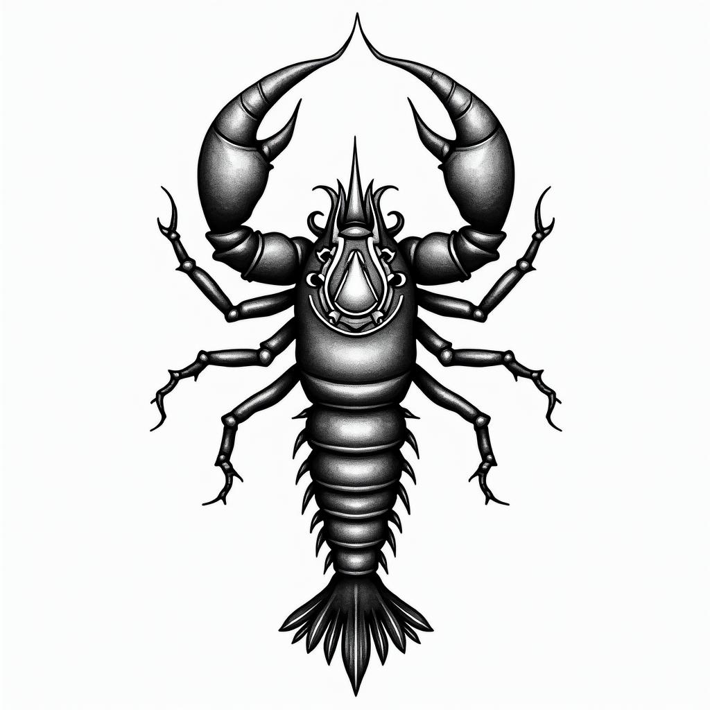 Scorpioin spiritual symbols tattoo style, featuring an intricate design incorporating elements, Hamsa hand, third eye, minimalist composition - Variation 8