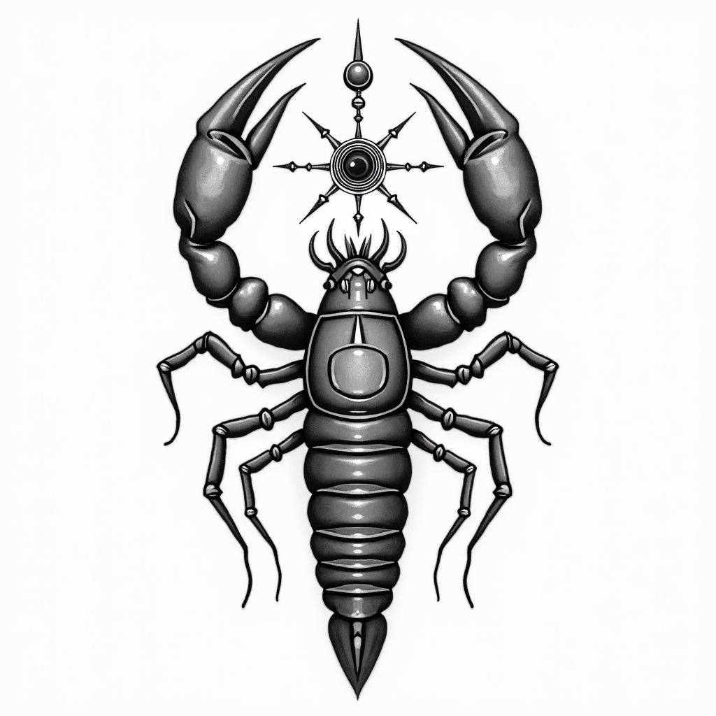 Scorpioin spiritual symbols tattoo style, featuring an intricate design incorporating elements, Hamsa hand, third eye, minimalist composition - Variation 7