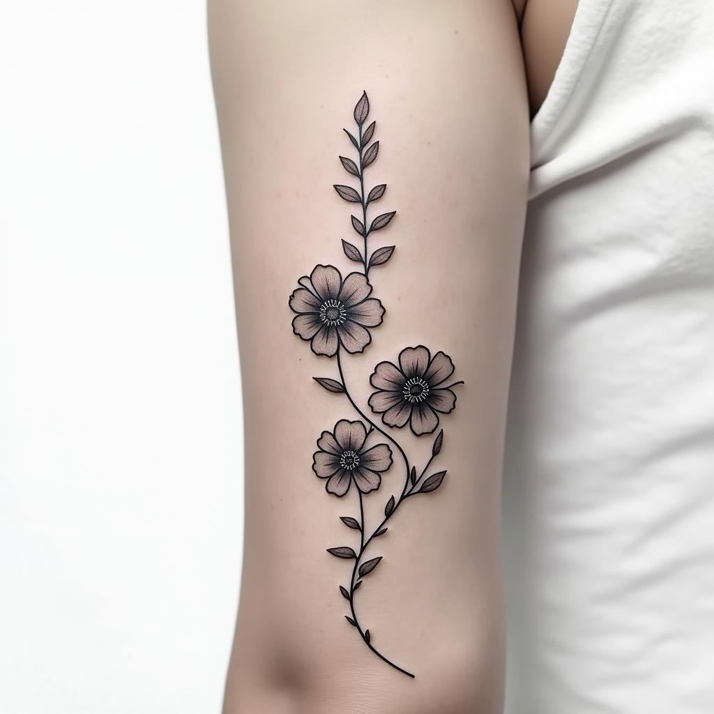I want a bicep tattoo with a vine that has the June, November, March, May, February, September, and August birth flowers in it, simple and that wraps around the bicep for womenin minimalist style tattoo, featuring simple shapes and fine lines, with minimal shading and details, tiny triangles, creating a sense of balance and harmony - Variation 6